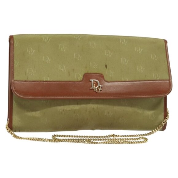 Authentic Christian Dior Chain Shoulder Bag Nylon Leather Beige Gold